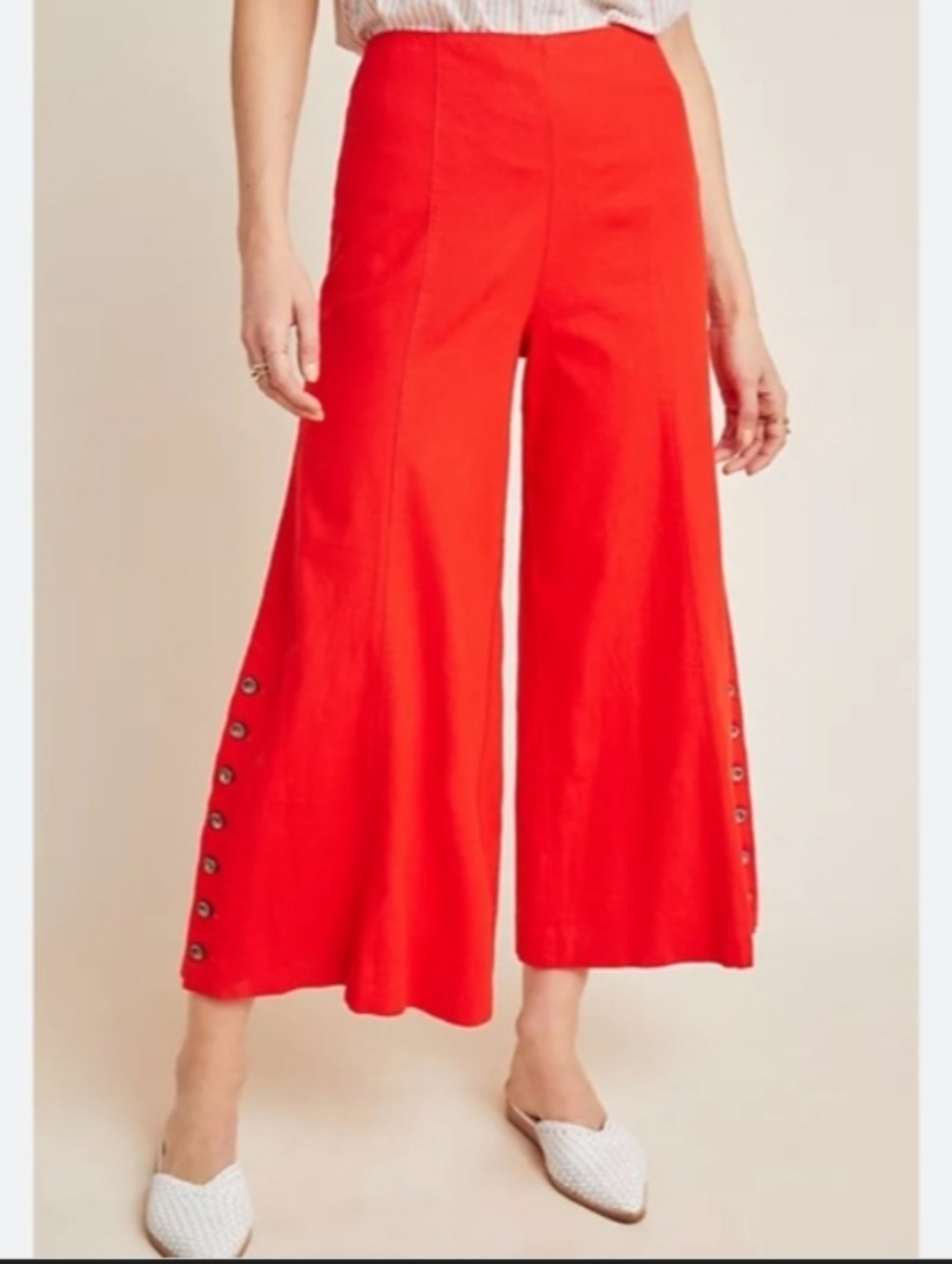 Anthropologie Button Red Rouge Wide Leg Capri Pants 8
